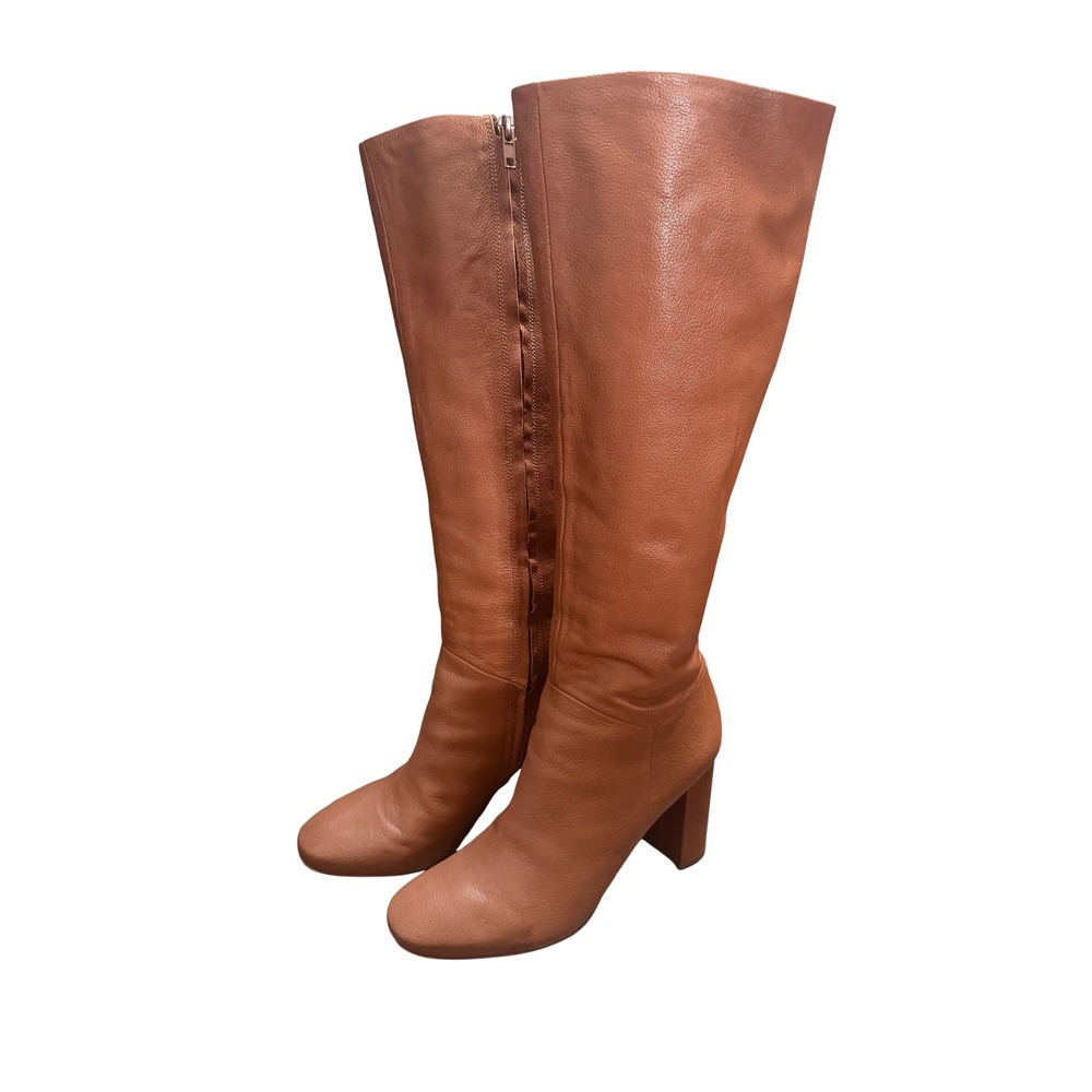 Vince Brannen Leather Knee-High Boots Tan Brown Block Heel Size 9.5M Italian
